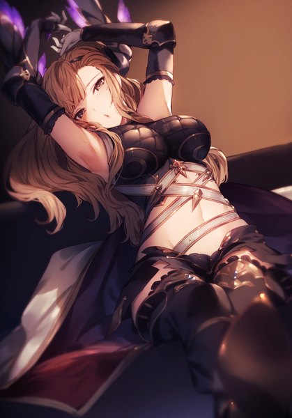 Anime picture 1400x2006 with granblue fantasy song (granblue fantasy) kyouya (mukuro238) single long hair tall image looking at viewer fringe breasts open mouth light erotic brown hair large breasts sitting brown eyes arms up armpit (armpits) girl gloves navel