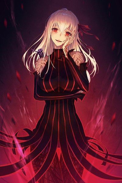 Anime picture 869x1300 with fate (series) fate/stay night heaven's feel matou sakura dark sakura inho song single long hair tall image looking at viewer fringe breasts open mouth smile hair between eyes red eyes large breasts standing bare shoulders silver hair