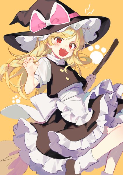 Anime picture 1764x2505 with touhou unfinished dream of all living ghost kirisame marisa jill 07km single long hair tall image blush highres open mouth simple background blonde hair red eyes :d yellow background claw pose girl hat socks white socks
