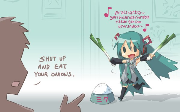 Anime picture 1024x640 with vocaloid hatsune miku john su long hair wide image twintails green eyes very long hair aqua hair zettai ryouiki chibi solid eyes hard translated spinning girl thighhighs skirt necktie food headphones