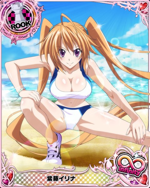 Anime picture 640x800 with highschool dxd shidou irina single tall image looking at viewer blush breasts light erotic smile brown hair large breasts purple eyes twintails cleavage very long hair card (medium) exercise girl navel uniform