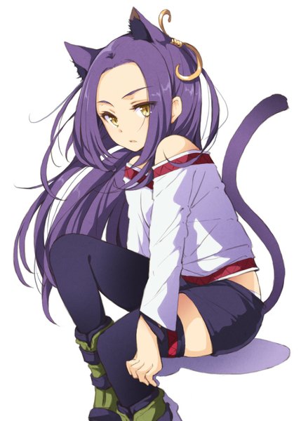 Anime picture 722x1010 with precure suite precure toei animation seiren (suite precure) kurokawa ellen tokunou shoutarou single long hair tall image looking at viewer simple background white background sitting bare shoulders animal ears yellow eyes purple hair tail animal tail cat ears