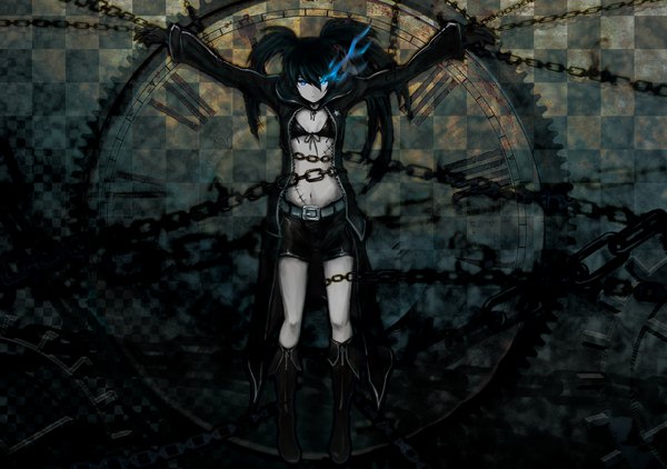 Anime picture 2953x2079 with black rock shooter black rock shooter (character) bsl single long hair highres blue eyes black hair twintails glowing scar glowing eye (eyes) checkered background girl gloves navel shorts belt thigh boots chain