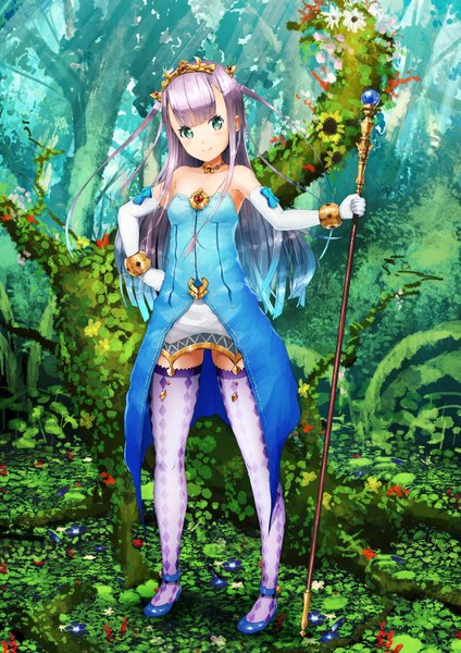 Anime picture 2475x3500 with outbreak company feel (studio) petralka anne eldant iii jean popo single long hair tall image blush highres smile bare shoulders green eyes silver hair loli girl thighhighs dress gloves flower (flowers) plant (plants)