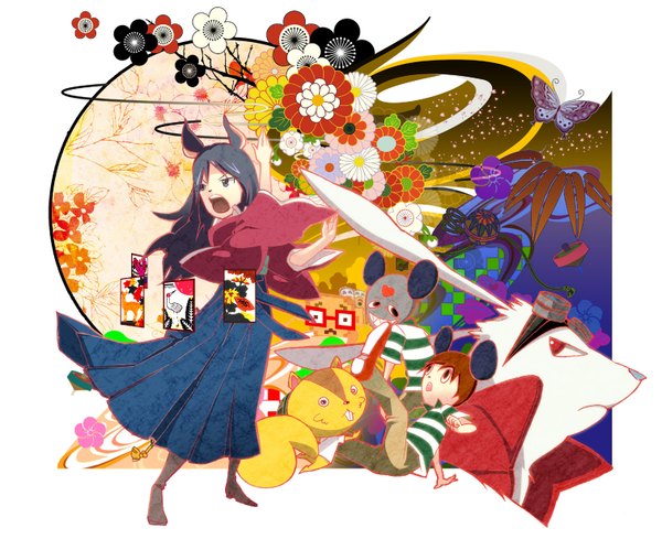 Anime picture 1512x1234 with summer wars madhouse king kazuma shinohara natsuki open mouth animal ears traditional clothes japanese clothes bunny ears screaming girl skirt flower (flowers) animal insect butterfly bunny card (cards) hanafuda