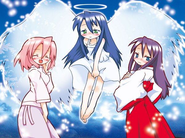 Anime picture 1024x768 with lucky star kyoto animation izumi konata takara yukari hiiragi miki long hair short hair blue eyes green eyes blue hair pink hair purple hair eyes closed japanese clothes barefoot loli miko angel girl wings