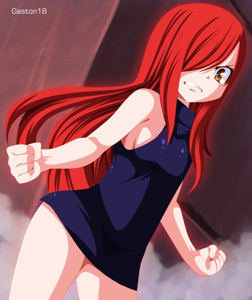 Anime picture 2520x3000 with fairy tail erza scarlet tongasart single long hair tall image fringe highres light erotic brown eyes red hair hair over one eye grin coloring smoke angry girl fist