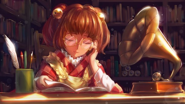 イラスト 1200x675 と 東方 本居小鈴 bobomaster ソロ 短い髪 茶色の髪 wide image 座る indoors eyes closed ツーサイドアップ hair bell 女の子 髪飾り 本 ベル 羽 ジングルベル カップ 棚