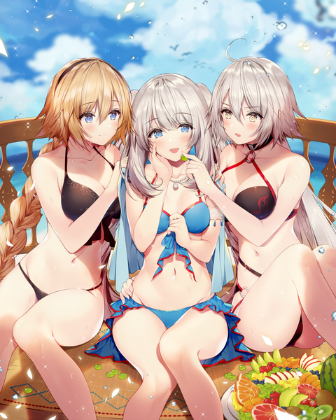 Anime picture 800x1000 with fate (series) fate/grand order jeanne d'arc (fate) (all) jeanne d'arc alter (fate) jeanne d'arc alter (swimsuit berserker) (fate) jeanne d'arc (swimsuit archer) marie antoinette (fate/grand order) marie antoinette (swimsuit caster) (fate) necomi (gussan) long hair tall image blush fringe breasts open mouth blue eyes light erotic blonde hair smile hair between eyes