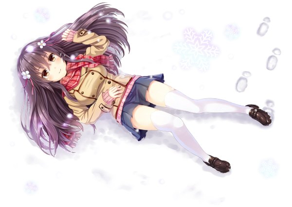 Anime picture 1200x853 with original noe noel single long hair looking at viewer blush black hair smile brown eyes lying on back winter snow footprints girl thighhighs skirt miniskirt white thighhighs jacket