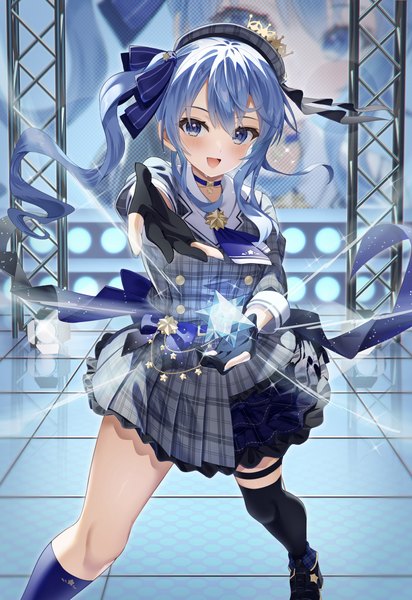 Anime picture 2806x4091 with virtual youtuber hololive hoshimachi suisei hoshimachi suisei (1st costume) rykysd single long hair tall image looking at viewer blush fringe highres open mouth blue eyes smile hair between eyes blue hair :d side ponytail outstretched hand