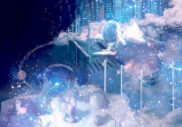 Anime picture 1428x1000 with original starry11 single short hair lying from behind back city snowing winter smoke snow angel wings fog reading crosswalk boy plant (plants) wings tree (trees)
