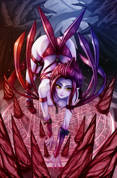 Anime picture 658x1000 with league of legends evelynn (league of legends) waterring single tall image looking at viewer short hair light erotic yellow eyes red hair pointy ears blue skin girl