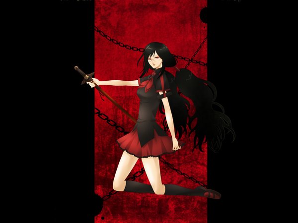 Anime picture 1920x1440 with blood c production i.g kisaragi saya single long hair highres black hair red eyes twintails kneeling girl weapon sword socks glasses katana black socks