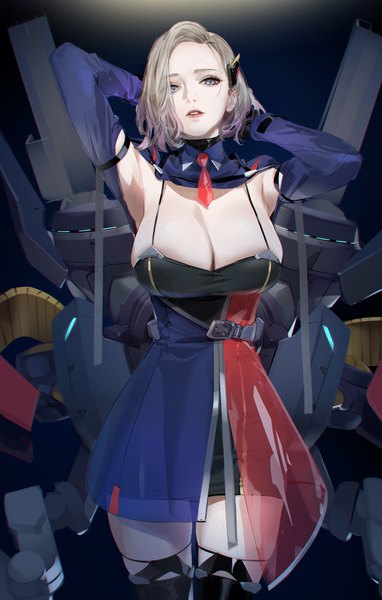 Anime picture 3721x5844 with azur lane new orleans (azur lane) yd (orange maru) single tall image looking at viewer fringe highres short hair breasts blue eyes light erotic simple background standing absurdres cleavage parted lips grey hair realistic arms up