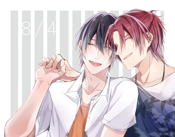 Anime picture 2240x1764 with tsukiuta uduki arata haduki you utkt fringe highres short hair open mouth black hair simple background smile hair between eyes signed looking away upper body red hair eyes closed one eye closed multiple boys grey eyes