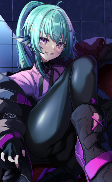 Anime picture 4056x6552 with virtual youtuber nijisanji nijisanji en finana ryugu finana ryugu (3rd costume) mika uni single long hair tall image looking at viewer highres light erotic smile purple eyes absurdres ponytail aqua hair grin official alternate costume cameltoe