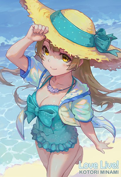 Anime picture 688x1000 with love live! school idol project sunrise (studio) love live! minami kotori haoni single long hair tall image looking at viewer light erotic blonde hair smile yellow eyes barefoot inscription character names beach summer girl bow