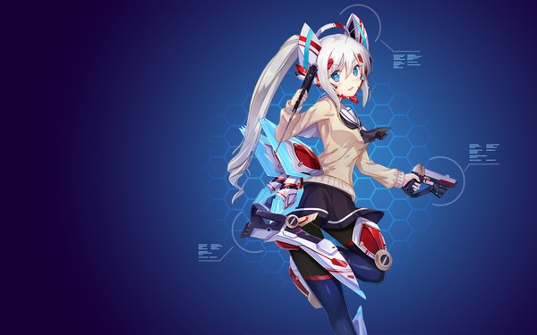 Anime picture 1920x1200 with original assassinwarrior dance of eternity single long hair looking at viewer fringe highres open mouth blue eyes simple background twintails holding silver hair bent knee (knees) pleated skirt looking back blue background leg lift (legs lift) mechanical