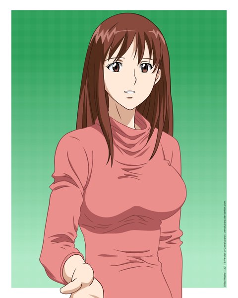 Anime picture 2400x3000 with kamisama dolls shiba hibino single long hair tall image highres breasts simple background brown hair large breasts standing brown eyes light smile framed girl sweater
