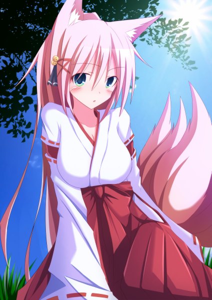 Anime picture 849x1200 with original kawachii single long hair tall image blush fringe breasts blonde hair animal ears sky cleavage tail traditional clothes animal tail wide sleeves fox ears fox tail miko multiple tails