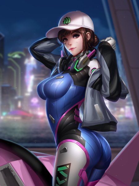 Anime picture 3000x4000 with overwatch blizzard entertainment d.va (overwatch) meka (overwatch) shooting star d.va liang xing single tall image looking at viewer highres short hair breasts light erotic brown hair large breasts standing brown eyes payot outdoors ass