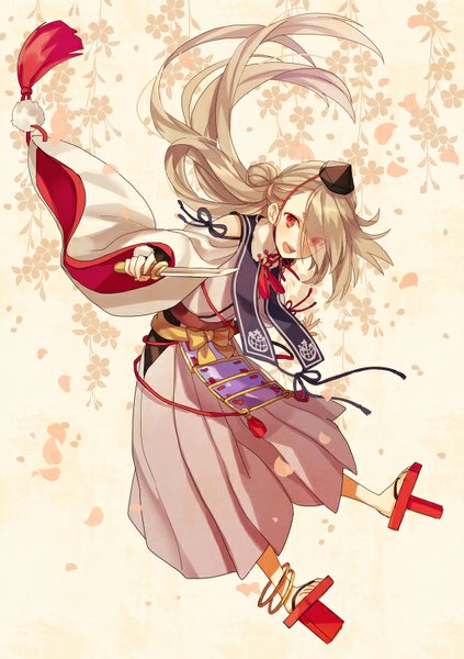 Anime picture 565x800 with touken ranbu nitroplus ima-no-tsurugi yuzuki karu single long hair tall image looking at viewer blush fringe open mouth red eyes full body traditional clothes :d japanese clothes grey hair hair over one eye spread arms boy