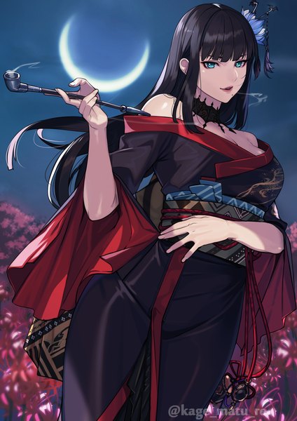 Anime picture 2894x4093 with final fantasy final fantasy xiv square enix yotsuyu goe brutus kagematsuri single long hair tall image looking at viewer fringe highres black hair standing bare shoulders holding signed blunt bangs traditional clothes japanese clothes aqua eyes