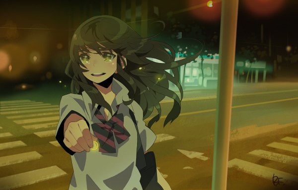 Anime picture 1200x766 with original bf. (sogogiching) single brown hair yellow eyes wind night tears street crosswalk girl uniform school uniform ring road