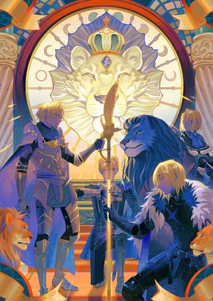 Anime picture 2953x4169 with fire emblem fire emblem: three houses fire emblem warriors: three hopes nintendo dimitri alexandre blaiddyd no-129 tall image looking at viewer fringe highres short hair blue eyes blonde hair hair between eyes standing full body multiple boys fur trim kneeling glowing