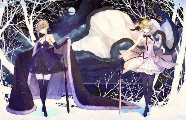 Anime picture 1500x971 with fate (series) fate/unlimited codes type-moon artoria pendragon (all) saber alter saber lily ashita looking at viewer fringe short hair blonde hair smile standing bare shoulders multiple girls holding green eyes yellow eyes cloud (clouds) ahoge