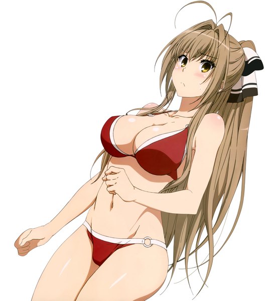 Anime picture 3709x4091 with amagi brilliant park kyoto animation sento isuzu single long hair tall image blush highres breasts light erotic simple background brown hair large breasts white background brown eyes absurdres cleavage ponytail scan girl