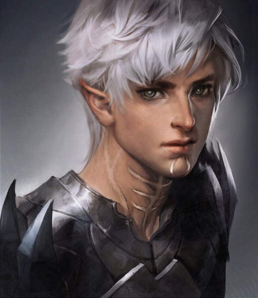 Аниме картинка 1110x1280 с dragon age (game) fenris sakimichan высокое изображение короткие волосы серебряные волосы острые уши реалистичный серые глаза шрам эльф броня