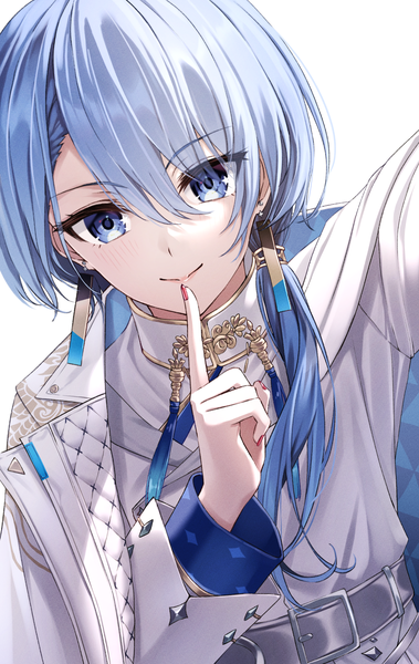 Anime picture 1190x1886 with virtual youtuber hololive hoshimachi suisei hoshimachi suisei (8th costume) cuckoo ki single long hair tall image looking at viewer fringe blue eyes simple background smile white background blue hair upper body nail polish hair over one eye official alternate costume finger to mouth