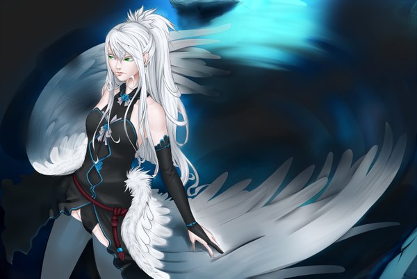 Anime picture 5628x3780 with forgotten-wings single long hair highres green eyes looking away absurdres white hair ponytail angel wings girl dress wings clothes