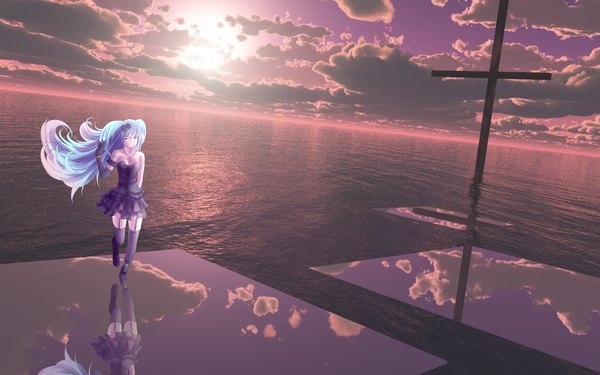 Anime picture 1920x1200 with vocaloid hatsune miku yusuke (shiota) single long hair highres standing twintails bare shoulders blue hair sky cloud (clouds) full body bent knee (knees) hair flower wind sunlight adjusting hair sunbeam girl