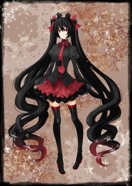 Anime picture 1100x1540 with vocaloid zatsune miku daikichi maru single long hair tall image black hair red eyes twintails drill hair girl thighhighs hair ornament necktie