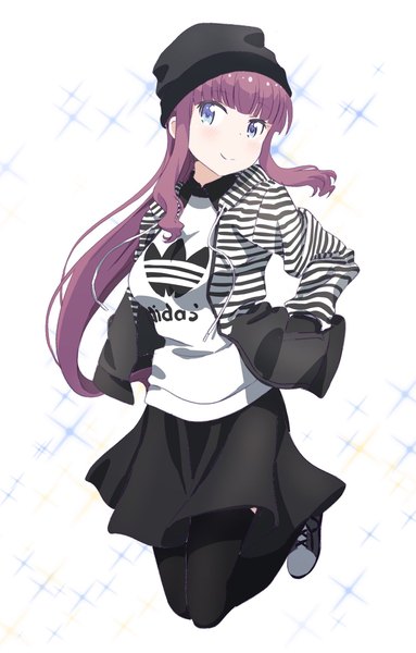 Anime picture 1309x2048 with new game! doga kobo adidas takimoto hifumi pink x single long hair tall image looking at viewer fringe blue eyes simple background smile white background purple hair full body blunt bangs open clothes open jacket floating hair