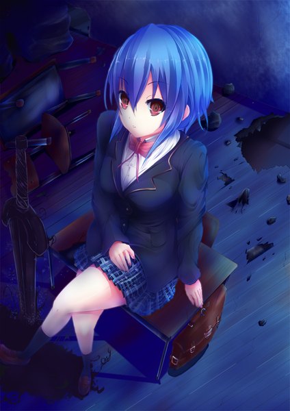 Anime picture 1157x1637 with original sawa nao single tall image looking at viewer fringe short hair breasts red eyes sitting blue hair indoors pleated skirt from above legs plaid skirt looking up floor plaid broken