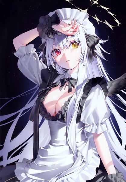 Anime picture 2409x3465 with original kitada mo single tall image looking at viewer fringe highres breasts light erotic simple background hair between eyes red eyes large breasts standing yellow eyes cleavage white hair very long hair arm up maid
