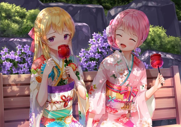 Anime picture 1011x711 with bang dream! maruyama aya shirasagi chisato lunacle long hair blush fringe open mouth blonde hair smile sitting purple eyes multiple girls pink hair eyes closed traditional clothes japanese clothes alternate hairstyle half updo girl