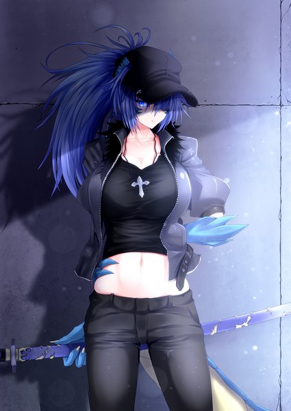 Anime picture 1631x2302 with original annes (g) g (desukingu) single long hair tall image looking at viewer fringe breasts blue eyes standing holding blue hair ponytail tail fingernails sunlight hair over one eye open jacket shadow