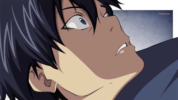 Anime picture 2100x1182 with ao no exorcist a-1 pictures okumura rin morrow single highres short hair blue eyes black hair wide image border looking up close-up vector scared boy