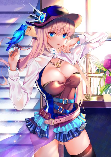 Anime picture 2894x4093 with original inushima single long hair tall image looking at viewer blush fringe highres breasts blue eyes light erotic blonde hair hair between eyes large breasts standing indoors long sleeves nail polish parted lips