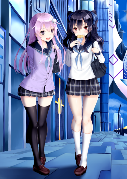 Anime picture 1920x2711 with choujigen game neptune nepgear uni (choujigen game neptune) shikapiro long hair tall image looking at viewer blush fringe highres open mouth black hair hair between eyes red eyes standing twintails purple eyes multiple girls holding looking away