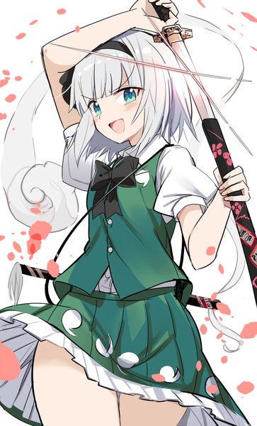 Anime picture 900x1488 with touhou konpaku youmu myon e.o. single tall image looking at viewer short hair open mouth green eyes silver hair :d pleated skirt puffy sleeves unsheathing girl skirt weapon miniskirt petals