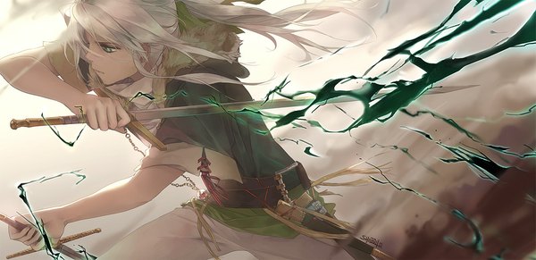 Anime picture 1000x486 with original shilin single long hair wide image green eyes looking away white hair ponytail magic glowing fantasy serious battle boy weapon sword belt