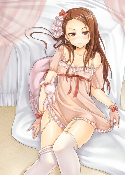 Anime picture 715x1000 with idolmaster minase iori k.y ko single long hair tall image blush light erotic smile red eyes brown hair girl thighhighs gloves hair ornament white thighhighs