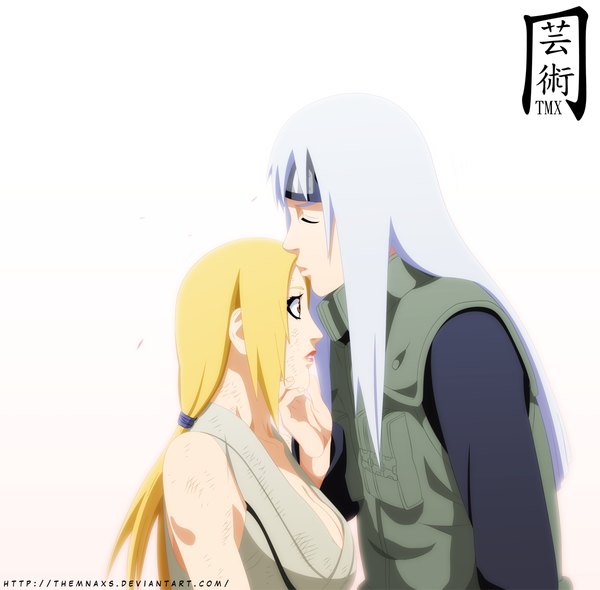 Anime picture 1200x1180 with naruto studio pierrot naruto (series) tsunade dan (naruto) themnaxs long hair blonde hair white background brown eyes white hair eyes closed japanese clothes profile lips coloring kiss hokage forehead kiss girl
