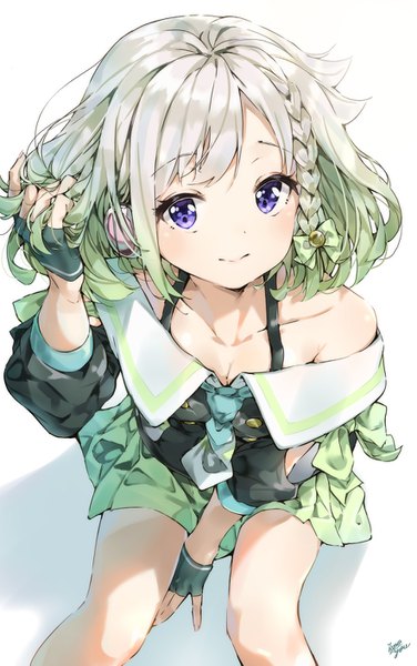 Anime picture 883x1409 with virtual youtuber yuni channel yuni (yuni channel) takenoko no you single long hair tall image looking at viewer blush fringe short hair blue eyes simple background smile white background sitting signed braid (braids) multicolored hair green hair